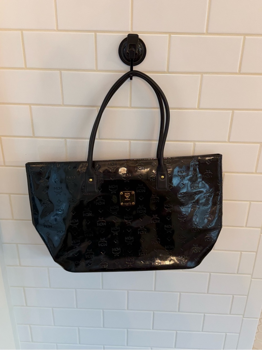 MCM Black Patent Logo Tote with Gold Plaque